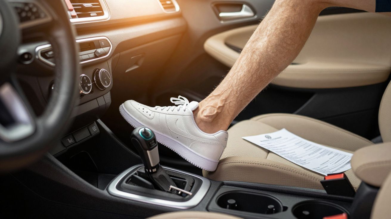 Pierna con zapatilla blanca presionando pedal en interior de coche, con documentos en el asiento.