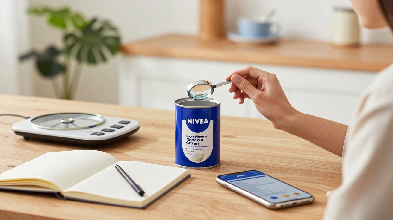 Persona sosteniendo una cuchara sobre una lata de crema Nivea en una mesa junto a un móvil, un cuaderno y una báscula.