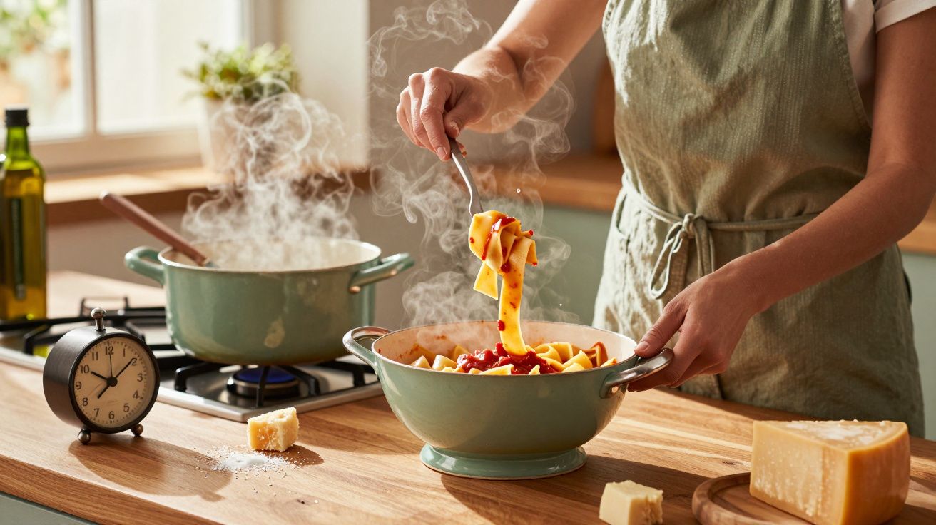 Persona cocinando pasta con salsa roja en una cocina, junto a queso y un reloj sobre la encimera.