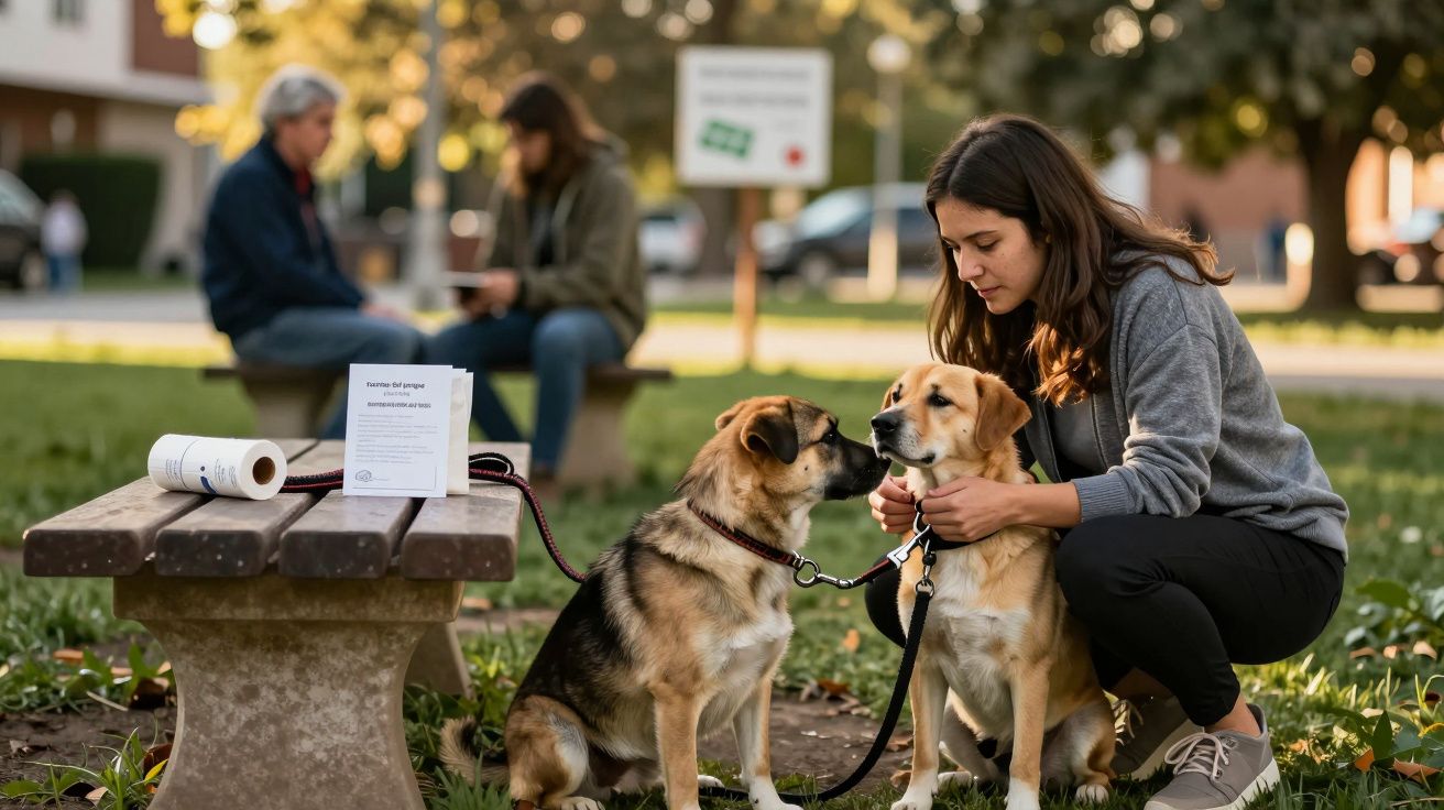 Mujer acaricia a dos perros atados a un banco en un parque mientras dos personas conversan al fondo.
