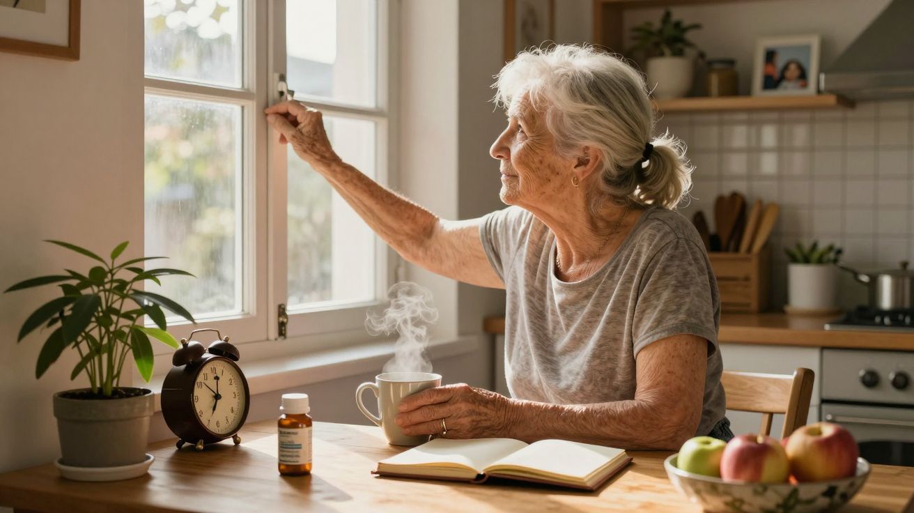 Mujer mayor sentada en la cocina, mirando por la ventana con una taza de café humeante y un libro abierto.
