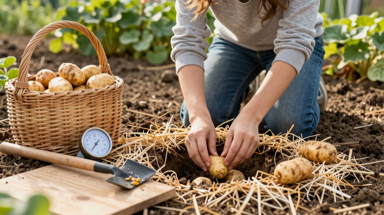 Persona cosechando patatas en un huerto, con cesta llena al lado, termómetro y herramientas sobre el suelo.