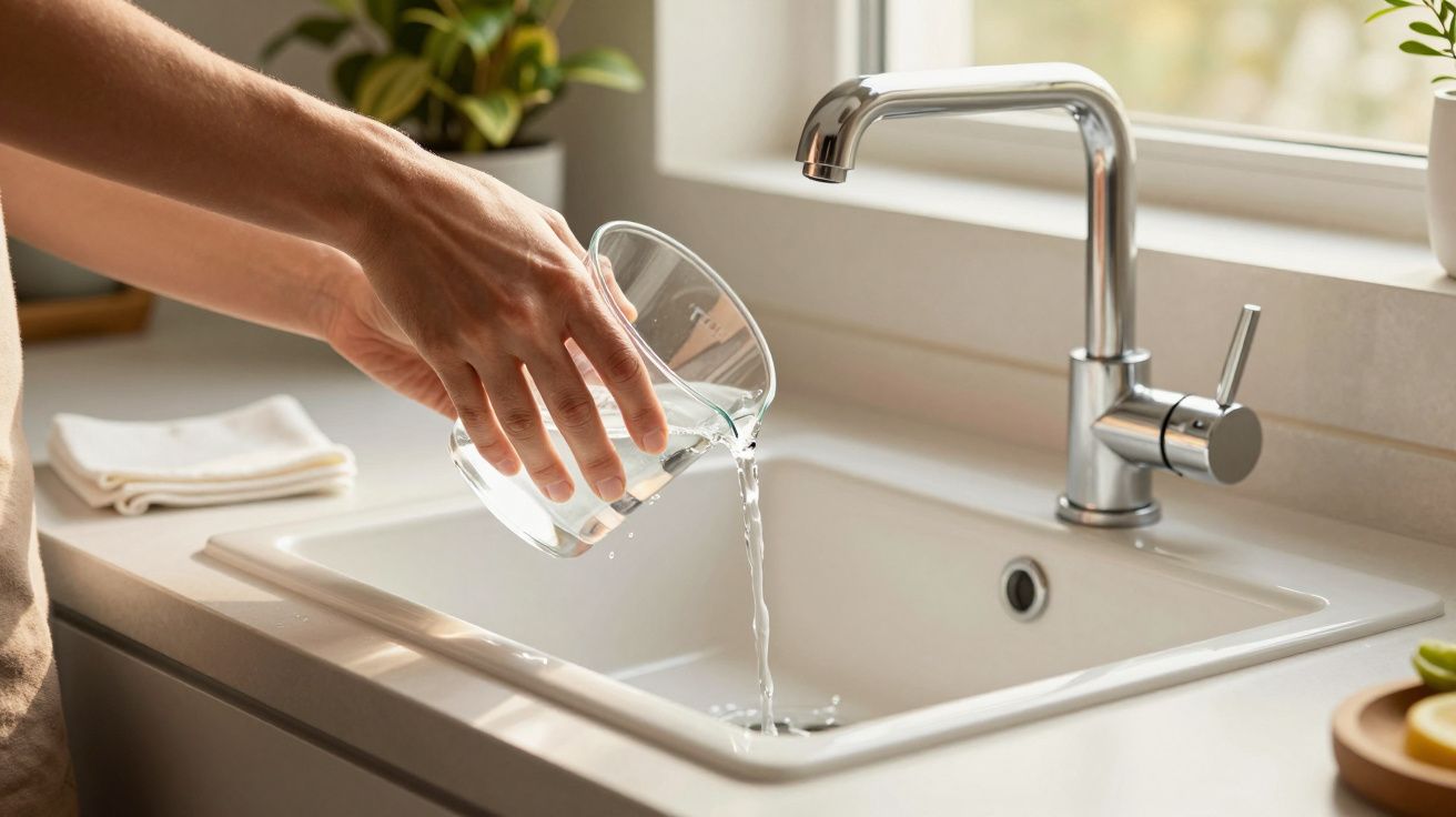 Mano vertiendo agua de un vaso en un fregadero blanco, con plantas y toallas en el fondo.