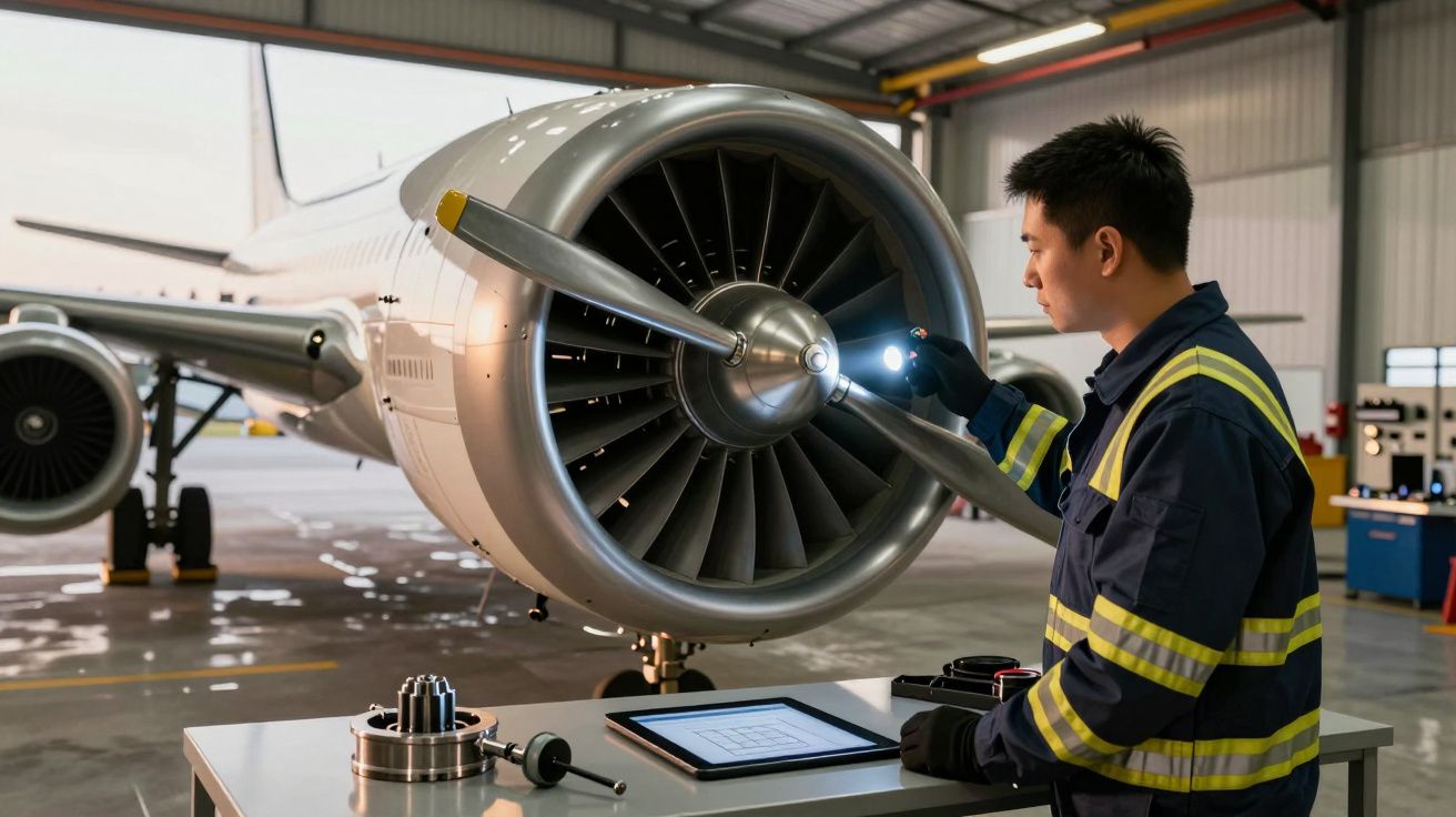 Técnico inspeccionando el motor de un avión en un hangar, usando una linterna y una tableta sobre la mesa.