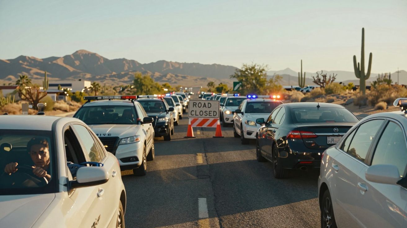 Coches detenidos en una carretera bloqueada con señal de "Road Closed", luces policiales y paisaje desértico con cactus.