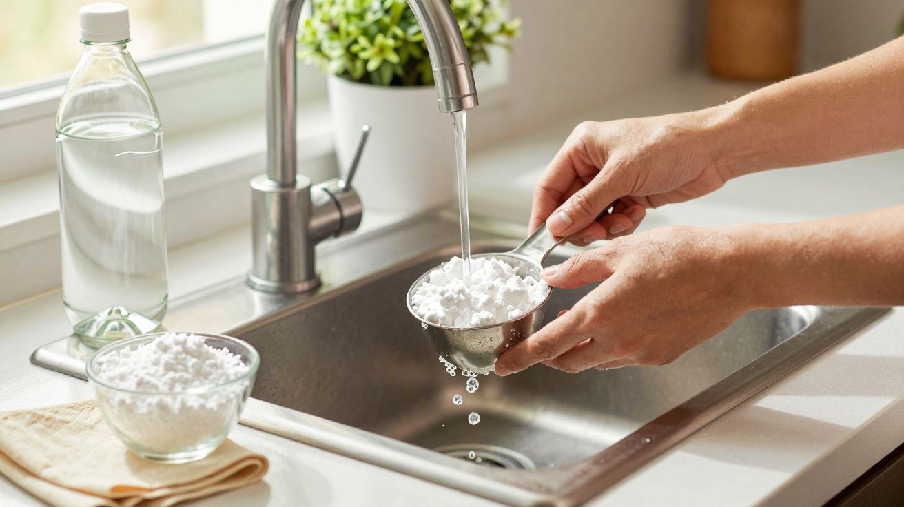 Manos lavando arroz en un colador bajo el grifo en una cocina iluminada.