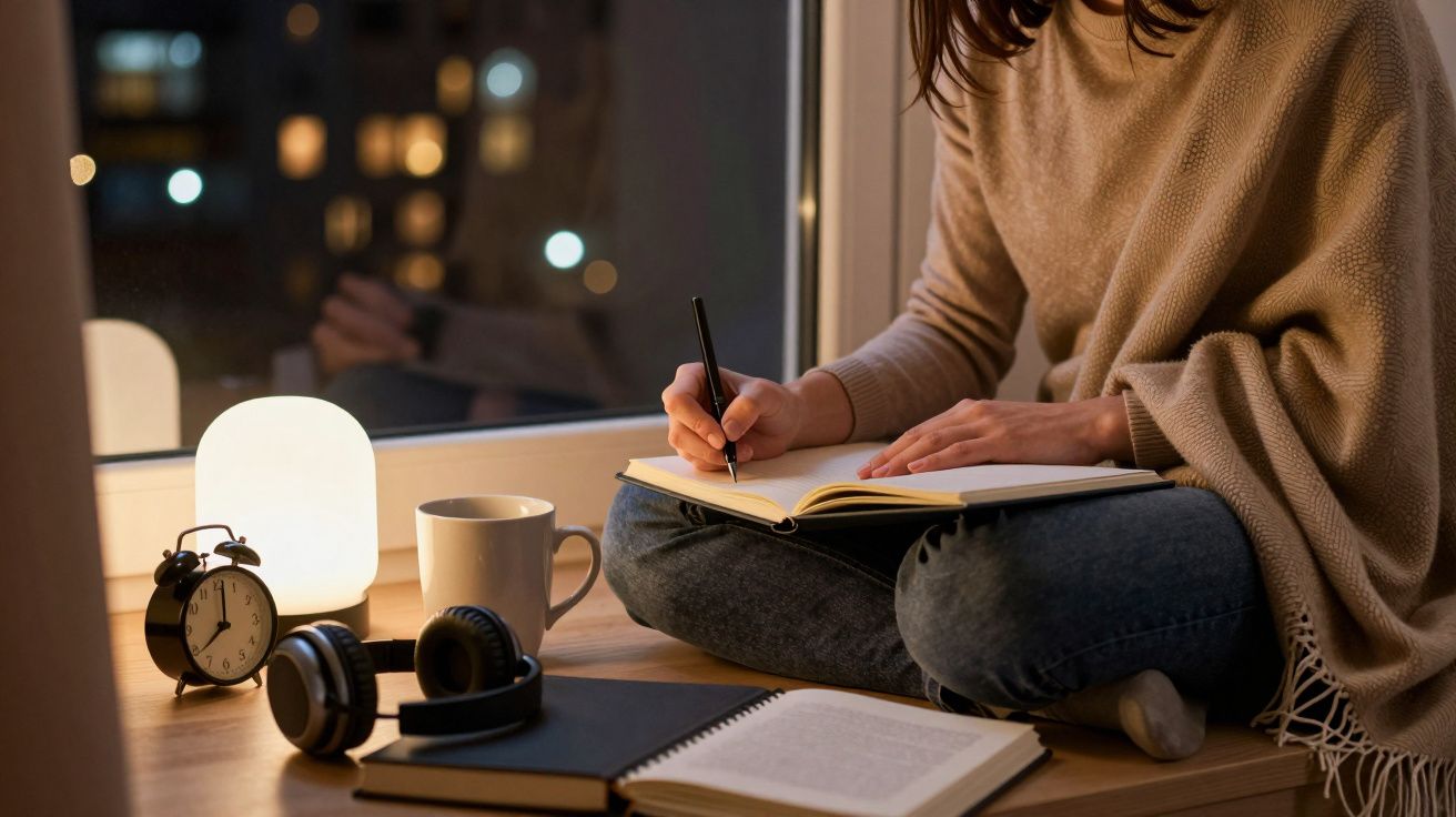 Mujer sentada junto a una ventana, escribiendo en un cuaderno con luz tenue, taza, auriculares y reloj al lado.