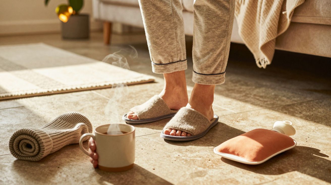 Persona en zapatillas frente a taza de café humeante, con calcetines enrollados y bolsa de agua caliente en suelo de piedra.