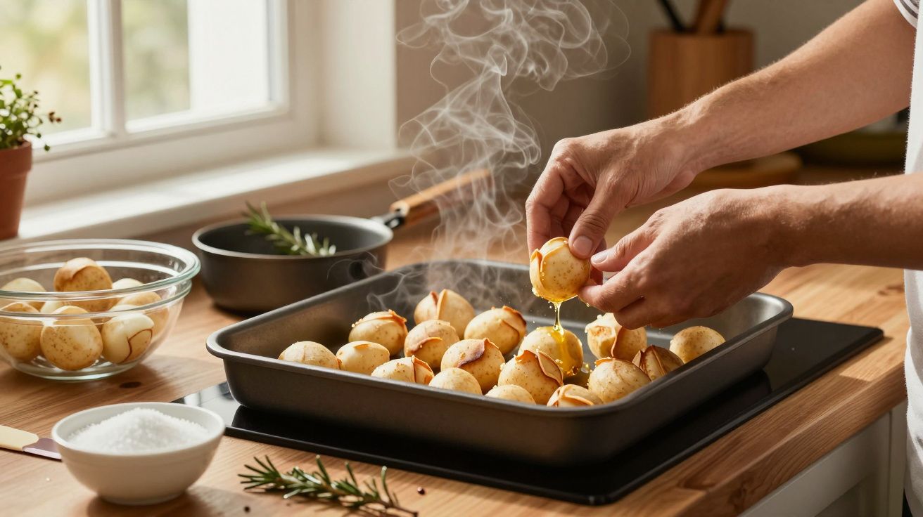 Persona preparando bolas de pan en una bandeja en la cocina, con vapor visible.