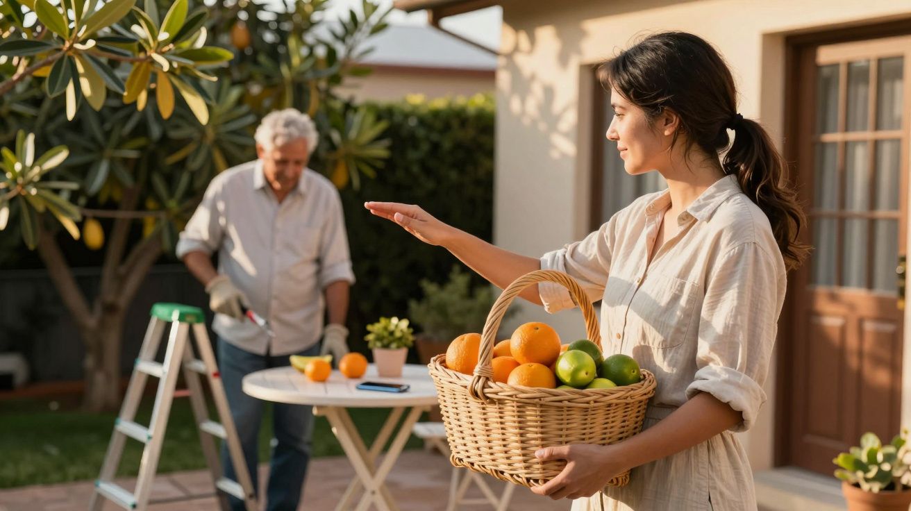 Mujer con cesta de frutas en un jardín soleado, hombre en segundo plano junto a una mesa con escalera y naranjas.