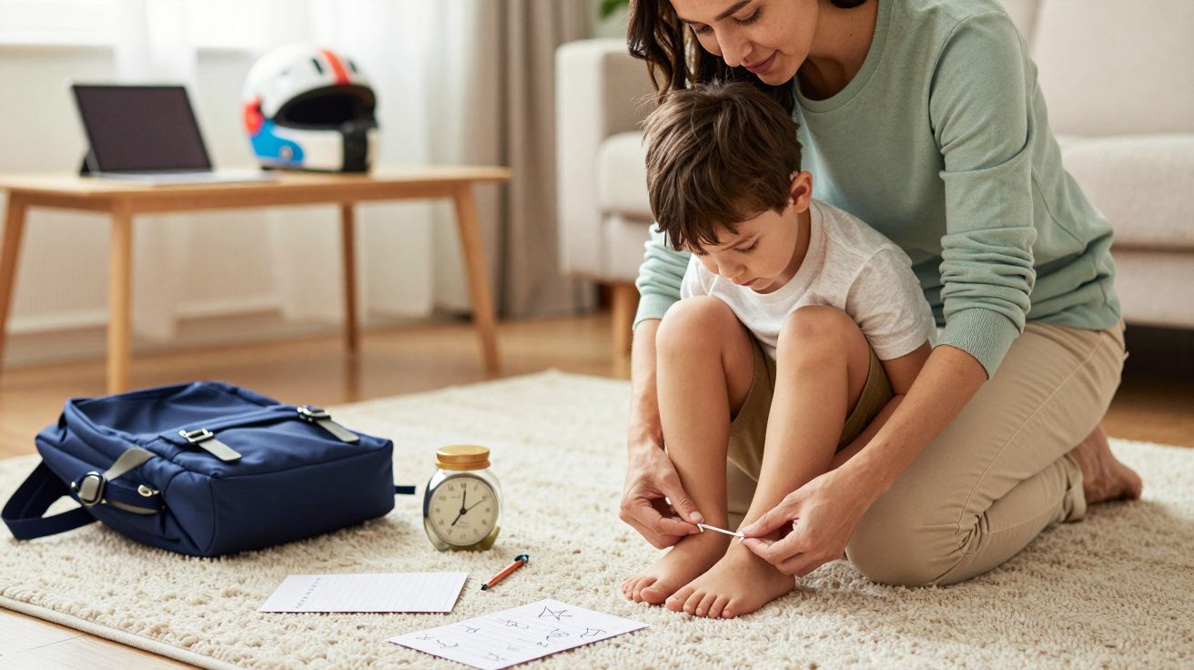 Madre ayudando a niño a atarse los zapatos en la sala de estar, con mochila y reloj cerca sobre la alfombra.