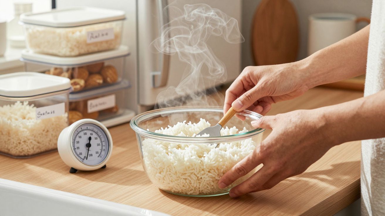 Manos removiendo arroz humeante en un bol de vidrio en la cocina.