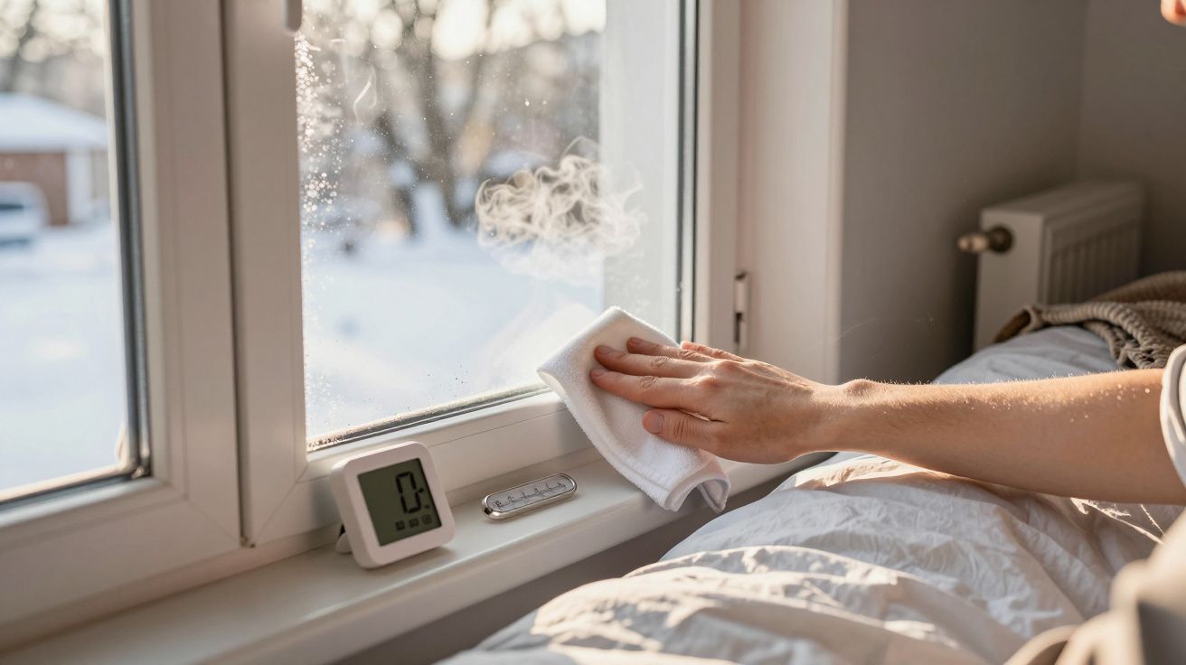 Mano limpiando condensación de una ventana con trapo blanco; termómetro digital al lado mostrando 0°C.
