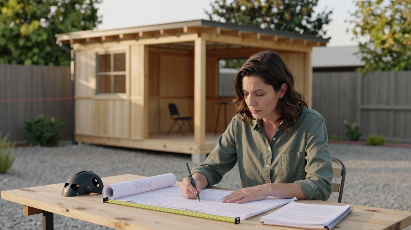Mujer sentada en mesa de exterior, revisando planos frente a una cabaña de madera en el jardín.