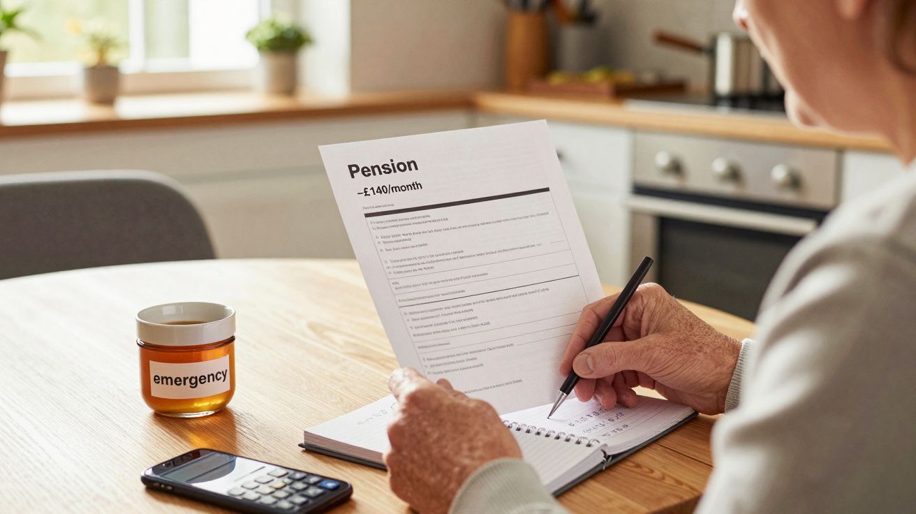 Persona revisando documentos de pensión en una cocina, con una calculadora y una taza etiquetada como "emergency" en la mesa.