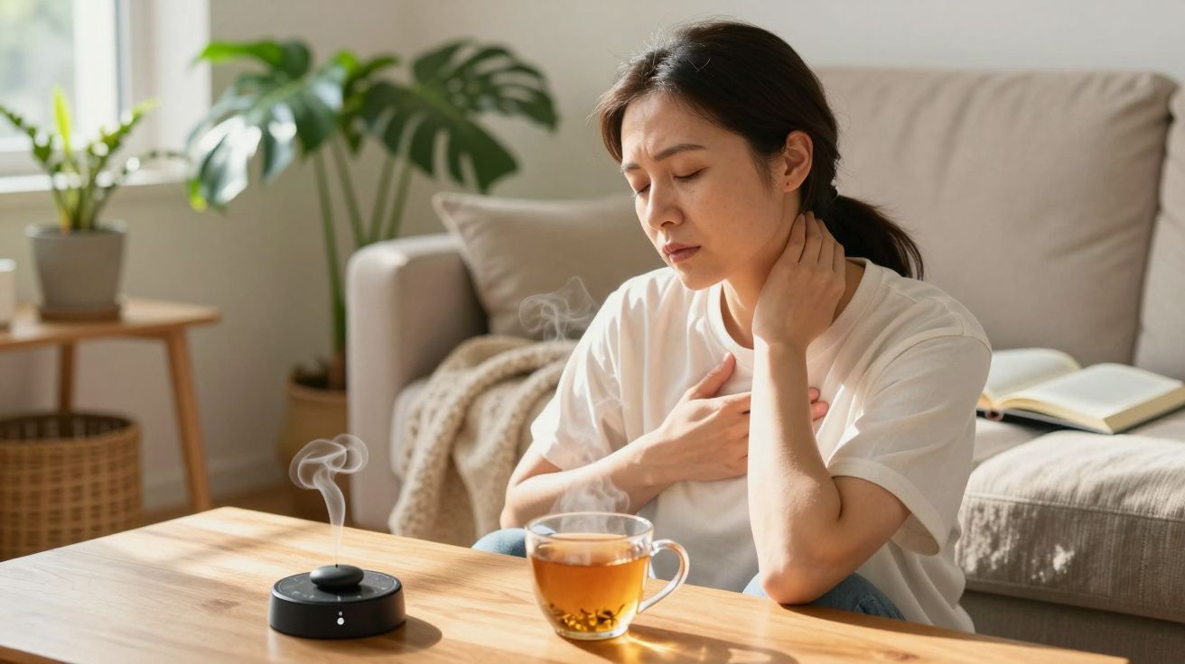 Mujer con dolor de cuello, sentada en un sofá junto a una mesa con té y difusor de aroma, en una sala iluminada.