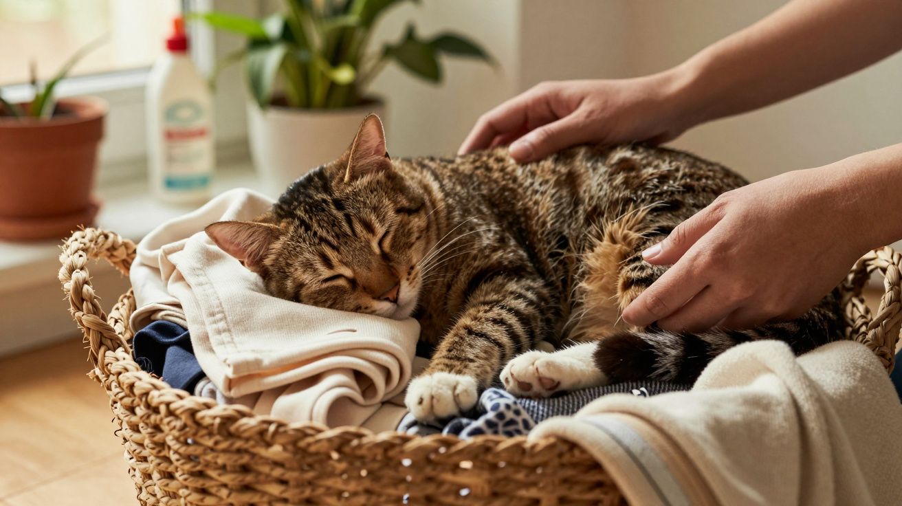 Gato atigrado dormido en una cesta de mimbre sobre ropa, junto a manos acariciándolo y planta en el fondo.