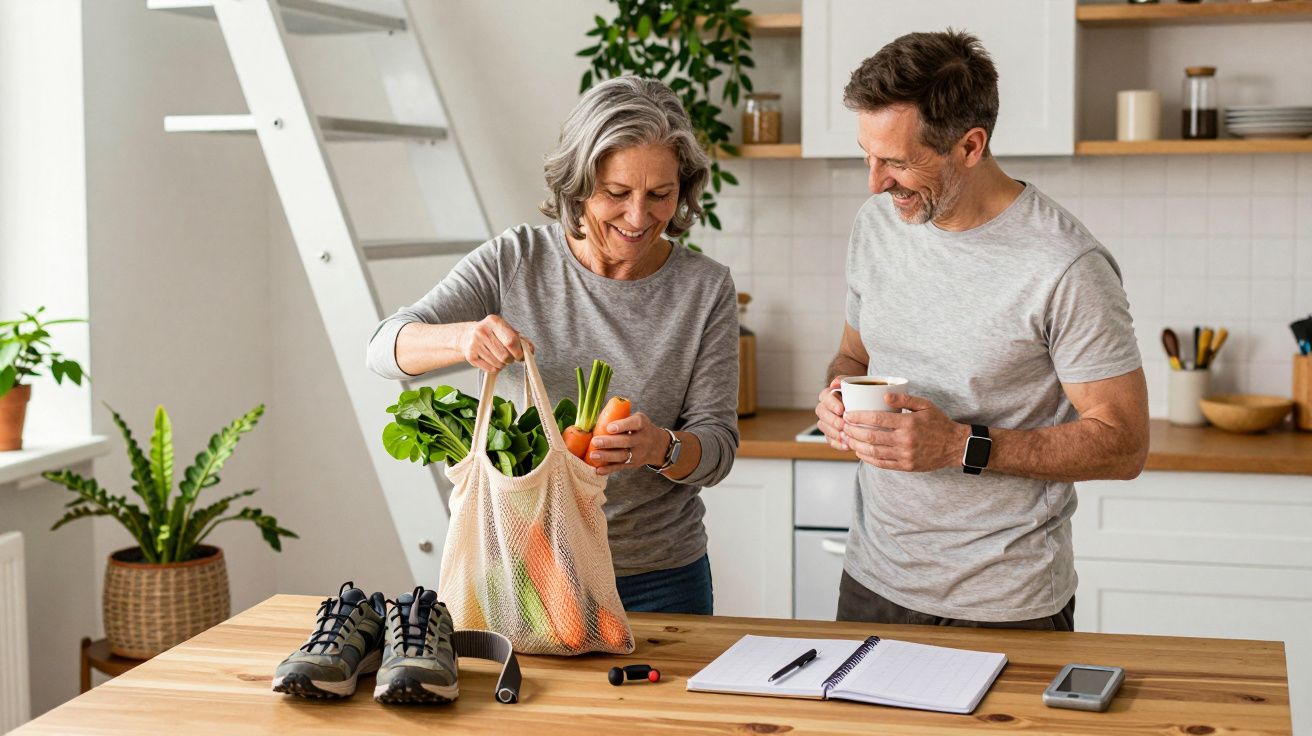 Pareja sonriente en la cocina, ella saca verduras de una bolsa y él sostiene una taza. Zapatos y libreta sobre la mesa.