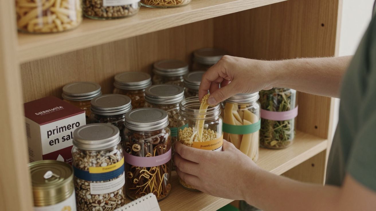 Persona organizando tarros de vidrio con pasta y legumbres en una estantería de madera.