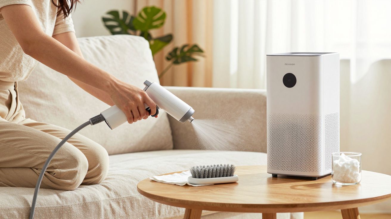 Persona usando un pulverizador frente a un purificador de aire sobre una mesa de madera en una sala de estar.