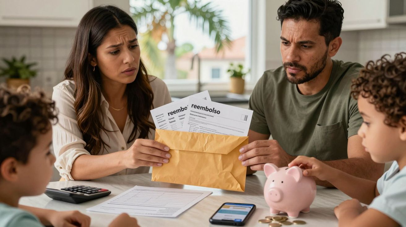 Familia preocupada revisa documentos de reembolso en la mesa con calculadora, móvil y hucha de cerdito.