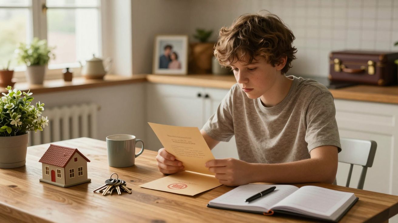 Joven leyendo un documento en una mesa con una planta, una maqueta de casa, un cuaderno, llaves y una taza.