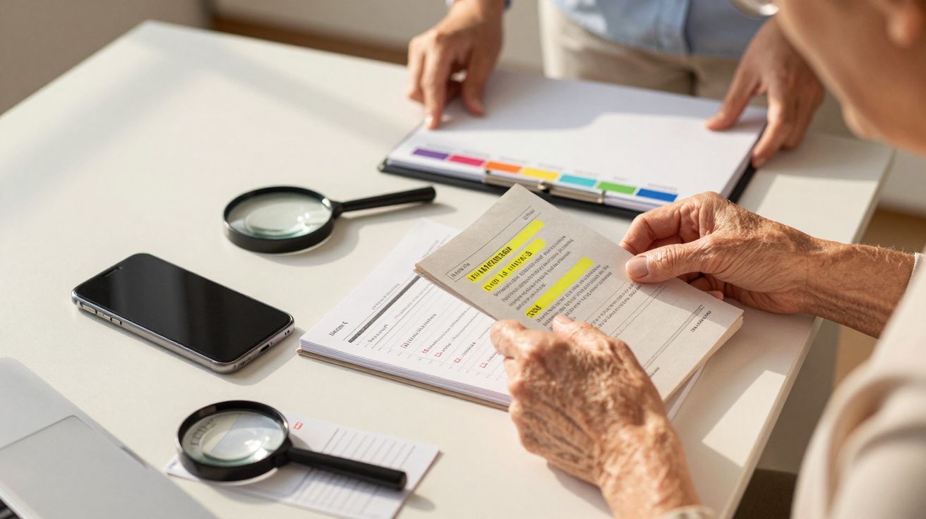Manos de personas revisando documentos con lupas sobre una mesa blanca, cerca de un móvil y un cuaderno con pestañas de color