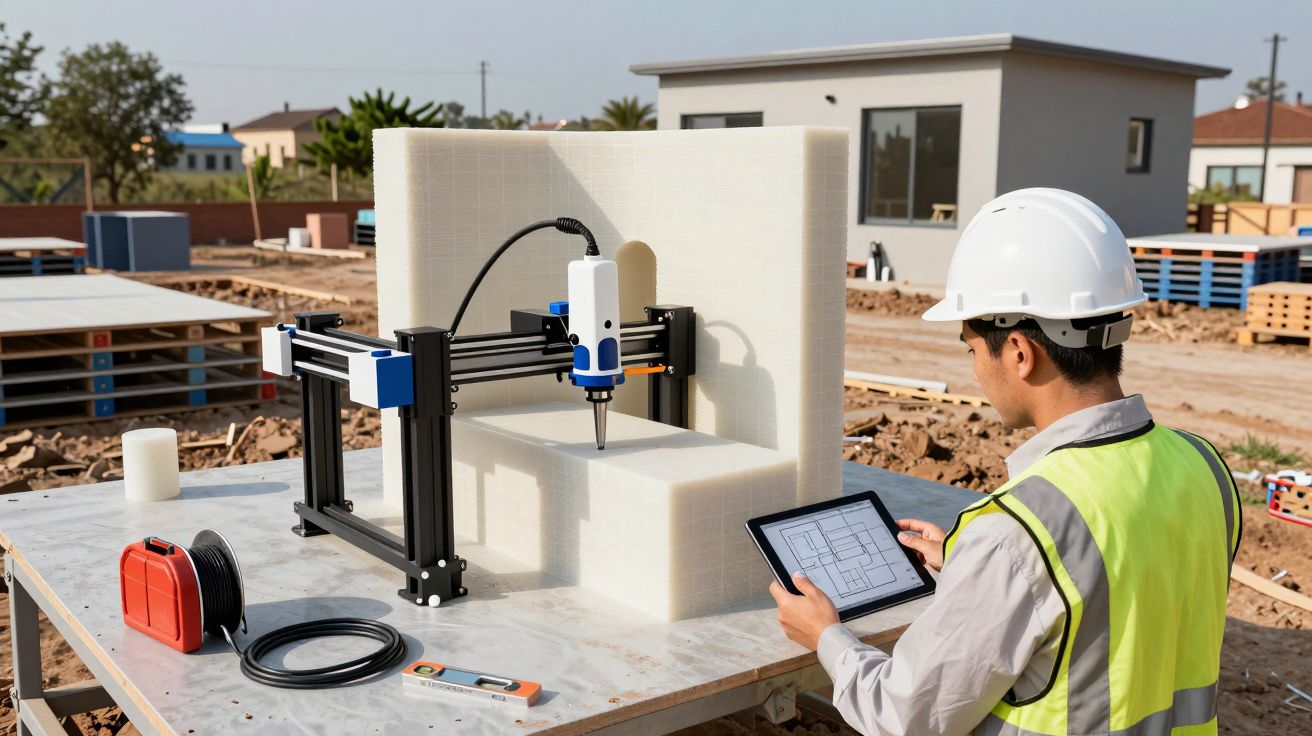 Trabajador en obra controlando una impresora 3D con una tableta. Impresora construye una estructura de bloques.